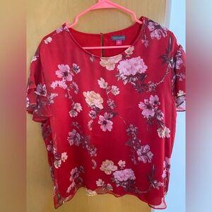 Vince Camuto Red Floral Blouse with Flutter Sleeves